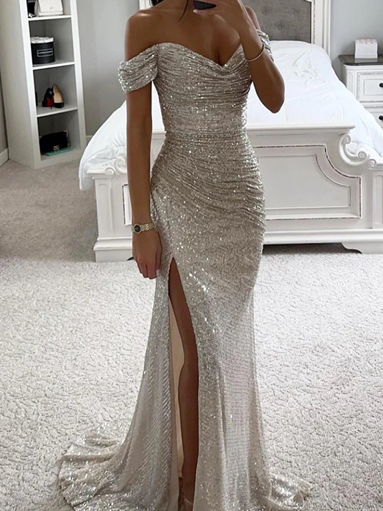 Sequin Long Dresses Women Sexy Off Shoulder Evening Dress Ladies Elegant Fashion Slash Neck Prom Female High Split Gown Vestidos