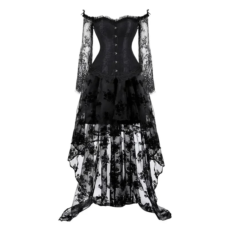 Women Sexy Off Shoulder Lace Sleeves Corset Bustier Top With Tulle Long Skirt Set Vintage Lingeries Sexys Tops Suit