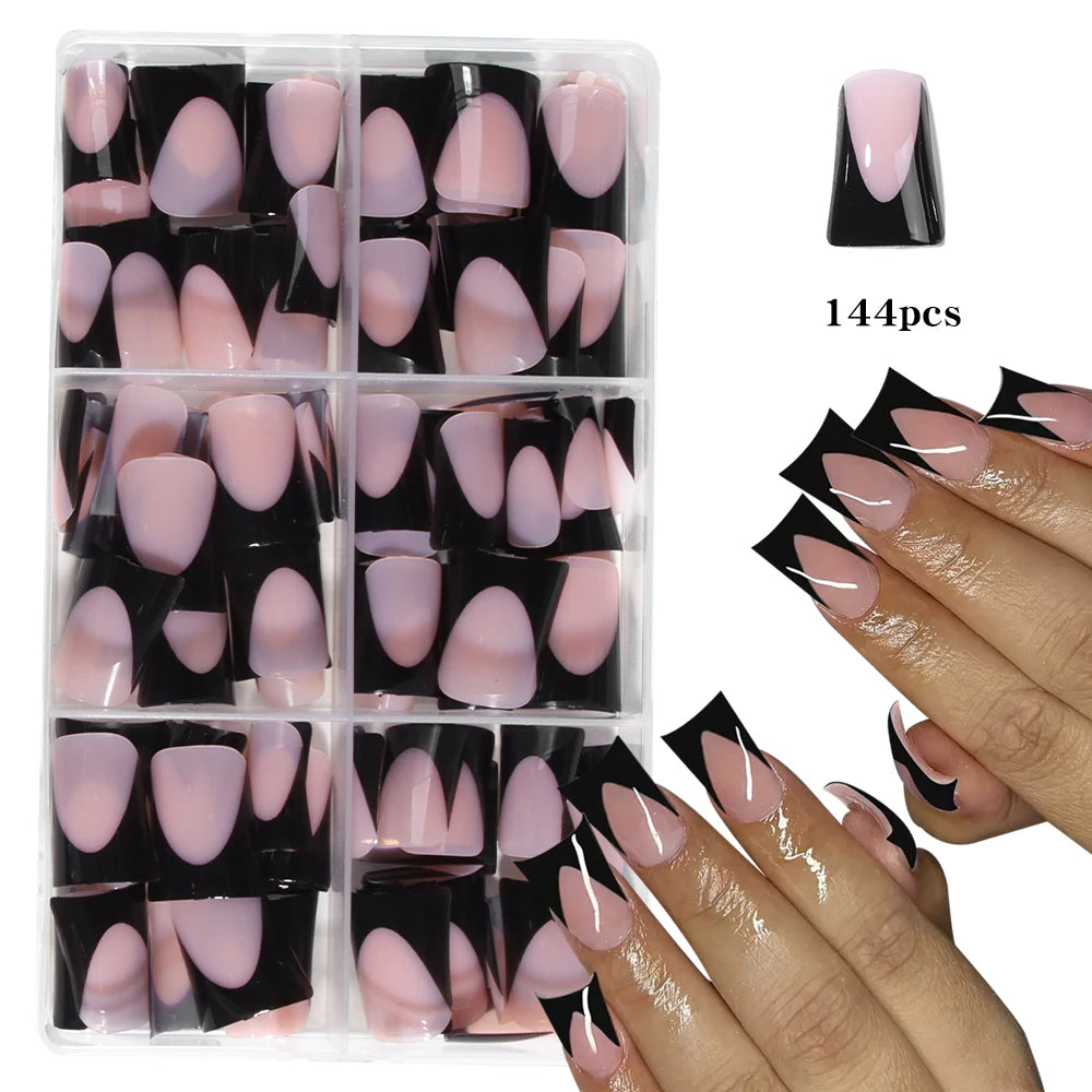 144pcs Duck Nails Simple and classic Elegance White French,Detachable reusable press on acrylic nails including 1 nail file and