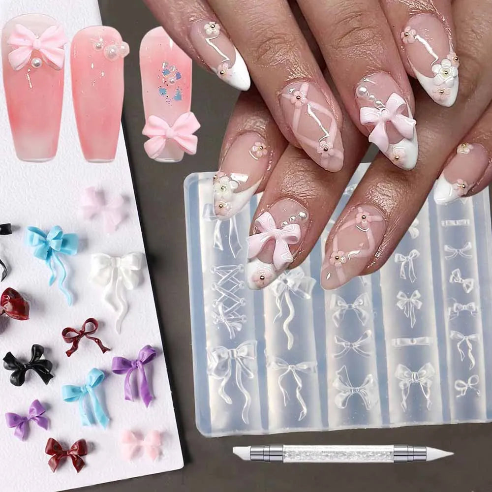 1Pcs 3D Bowknot Silicone Nail Molds+1Carving Pen Y2K Ballet Style Ribbon Nails Stencils Sculpture Bows Manicure Template Tools *