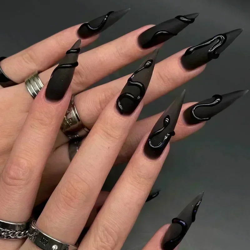 24Pcs False Nails Spicy Girl Silver Bow with Diamond Fake Nails with Glue Almond Press on Nails Black Cool Y2k Almond Nail Set