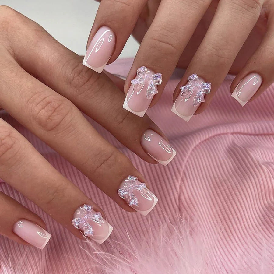 White French Press on Nails 3D Bowknot Fake Nails Tips Full Cover Wearable False Nails for Women and Girls DIY Manicure 24Pcs