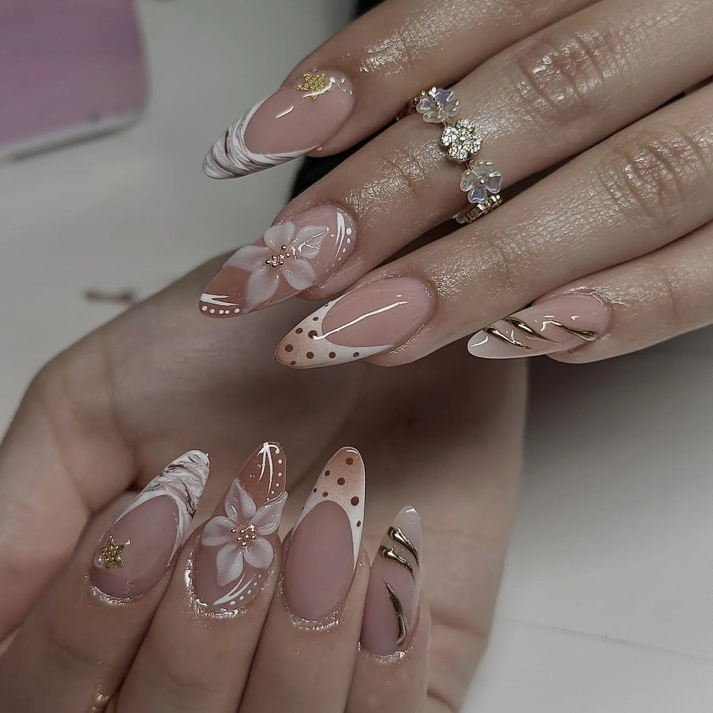 24PCS Pink Almond Press on Nails Full Cover Carved Flower 3D Ripples French Fake Nails for Women with Golden Pearl Wearable Nail