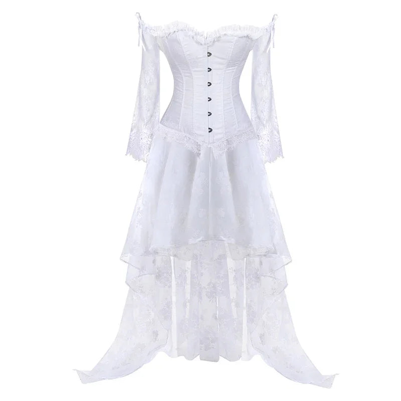 Women Sexy Off Shoulder Lace Sleeves Corset Bustier Top With Tulle Long Skirt Set Vintage Lingeries Sexys Tops Suit