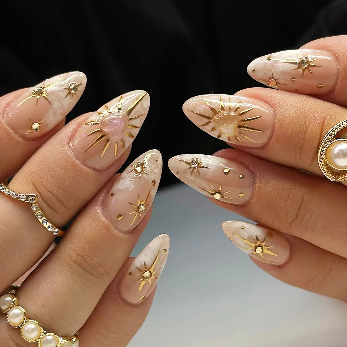24Pcs False Nails Spicy Girl Silver Bow with Diamond Fake Nails with Glue Almond Press on Nails Black Cool Y2k Almond Nail Set
