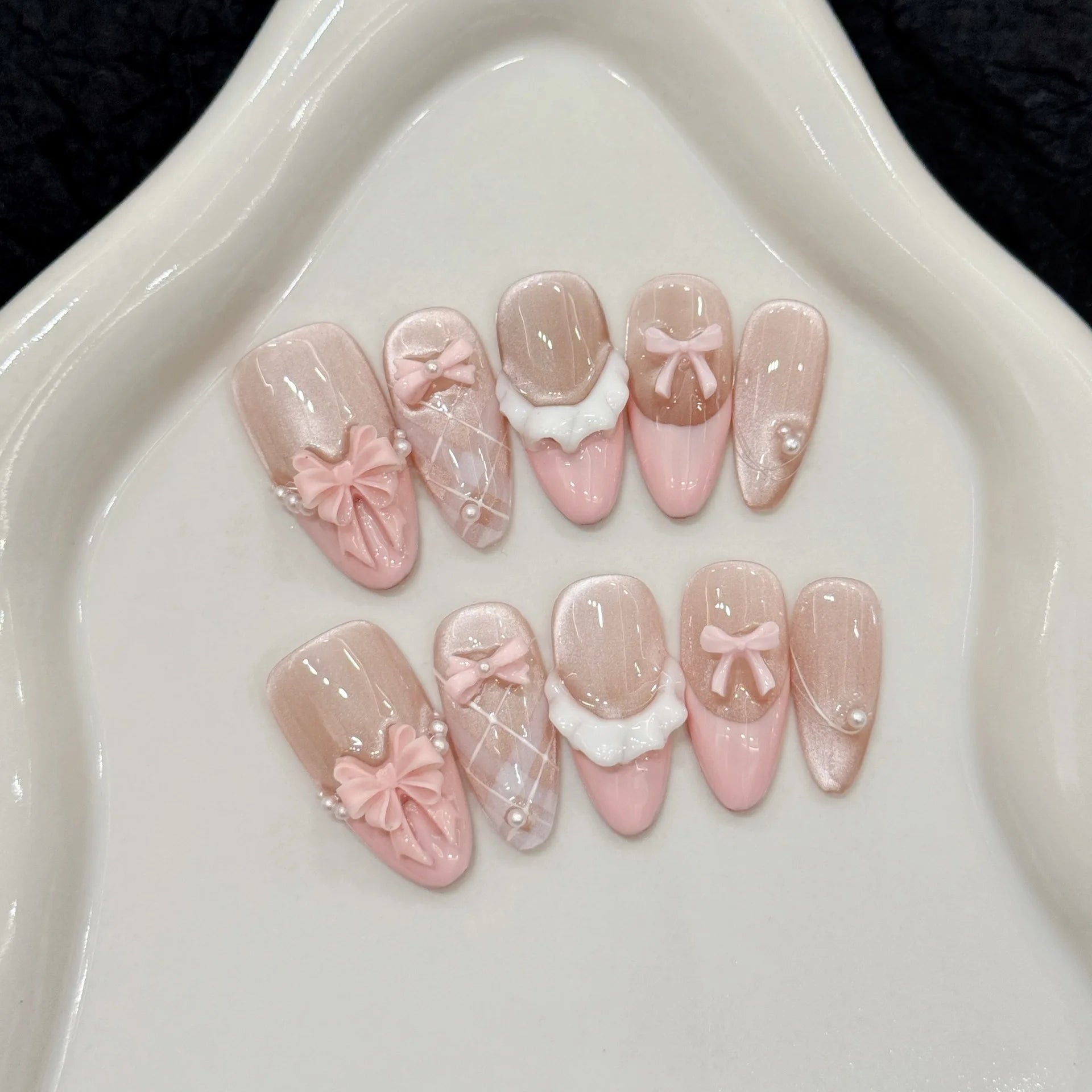 10pcs Handmade Press on Nails French Cat Eye Pink Bow Decor Korean False Nails Wearable Full Cover Ins Almond False Nail Tips