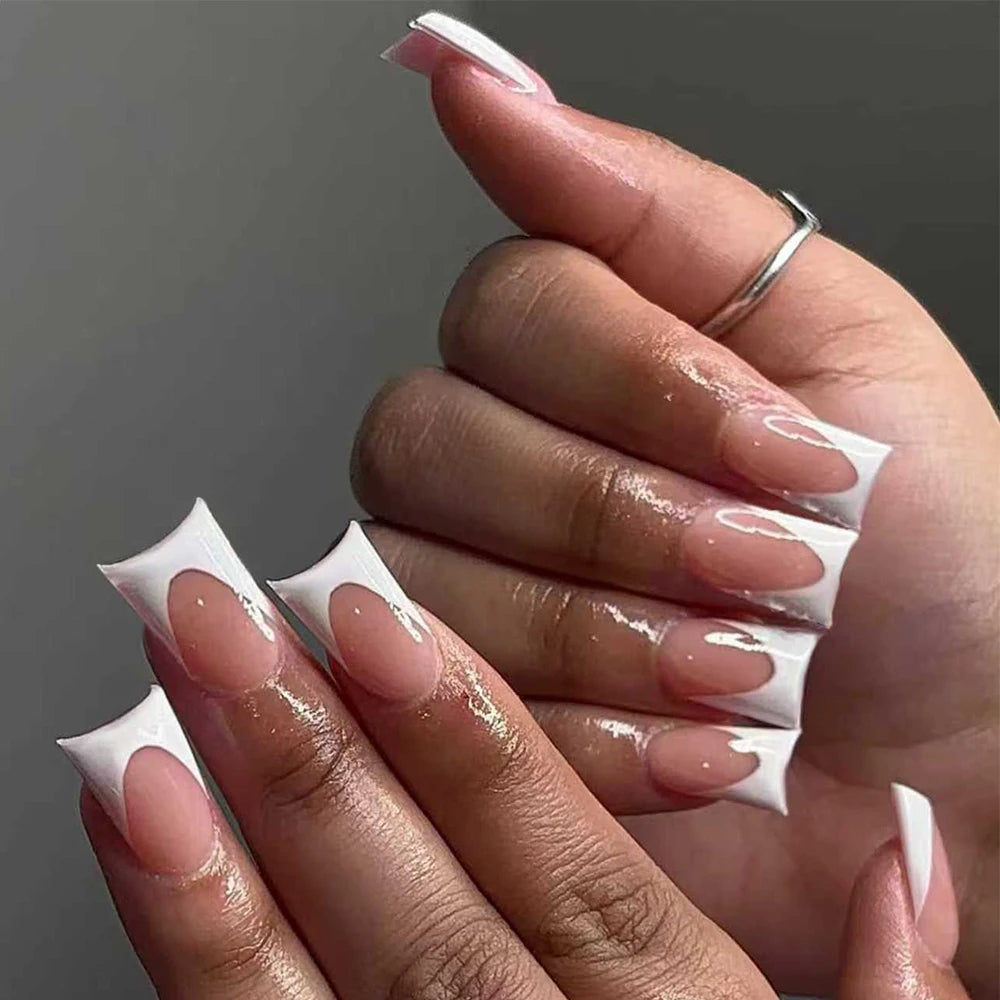 144pcs Duck Nails Simple and classic Elegance White French,Detachable reusable press on acrylic nails including 1 nail file and