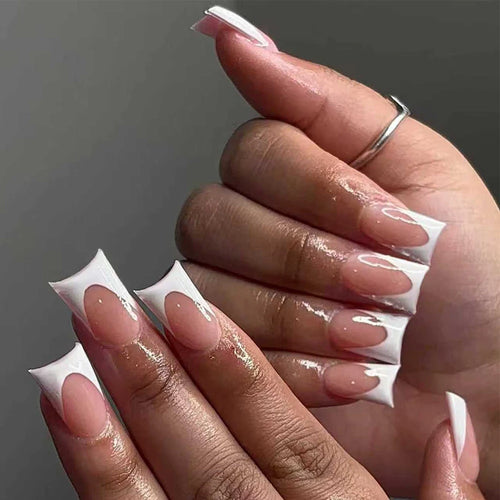 144pcs Duck Nails Simple and classic Elegance White French,Detachable reusable press on acrylic nails including 1 nail file and