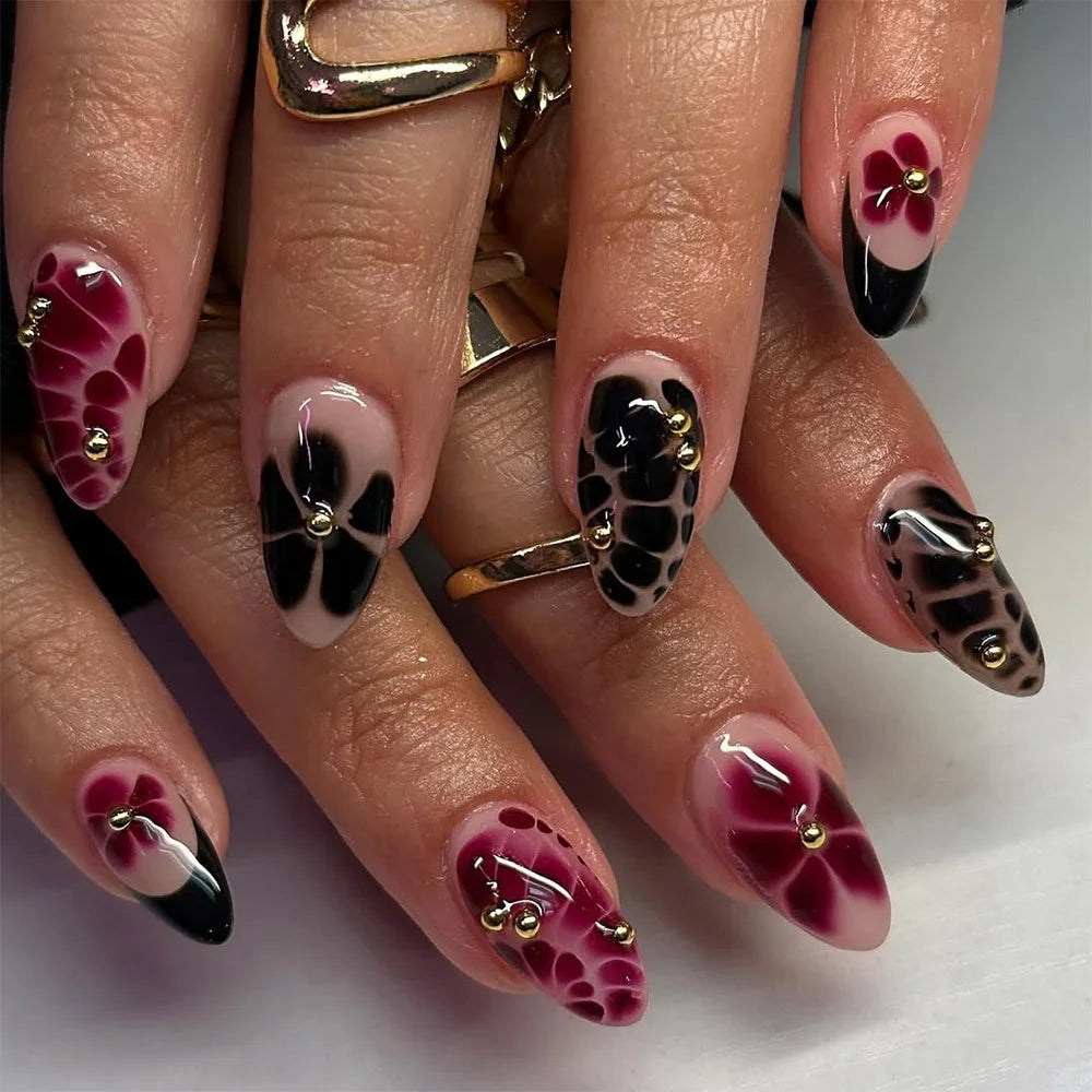 24Pcs False Nails Spicy Girl Silver Bow with Diamond Fake Nails with Glue Almond Press on Nails Black Cool Y2k Almond Nail Set