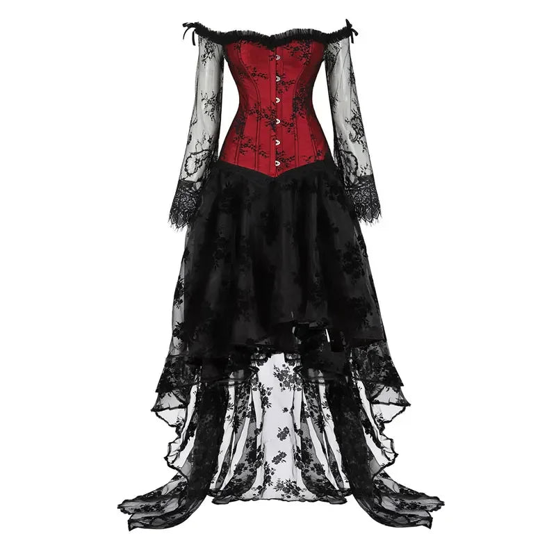 Women Sexy Off Shoulder Lace Sleeves Corset Bustier Top With Tulle Long Skirt Set Vintage Lingeries Sexys Tops Suit