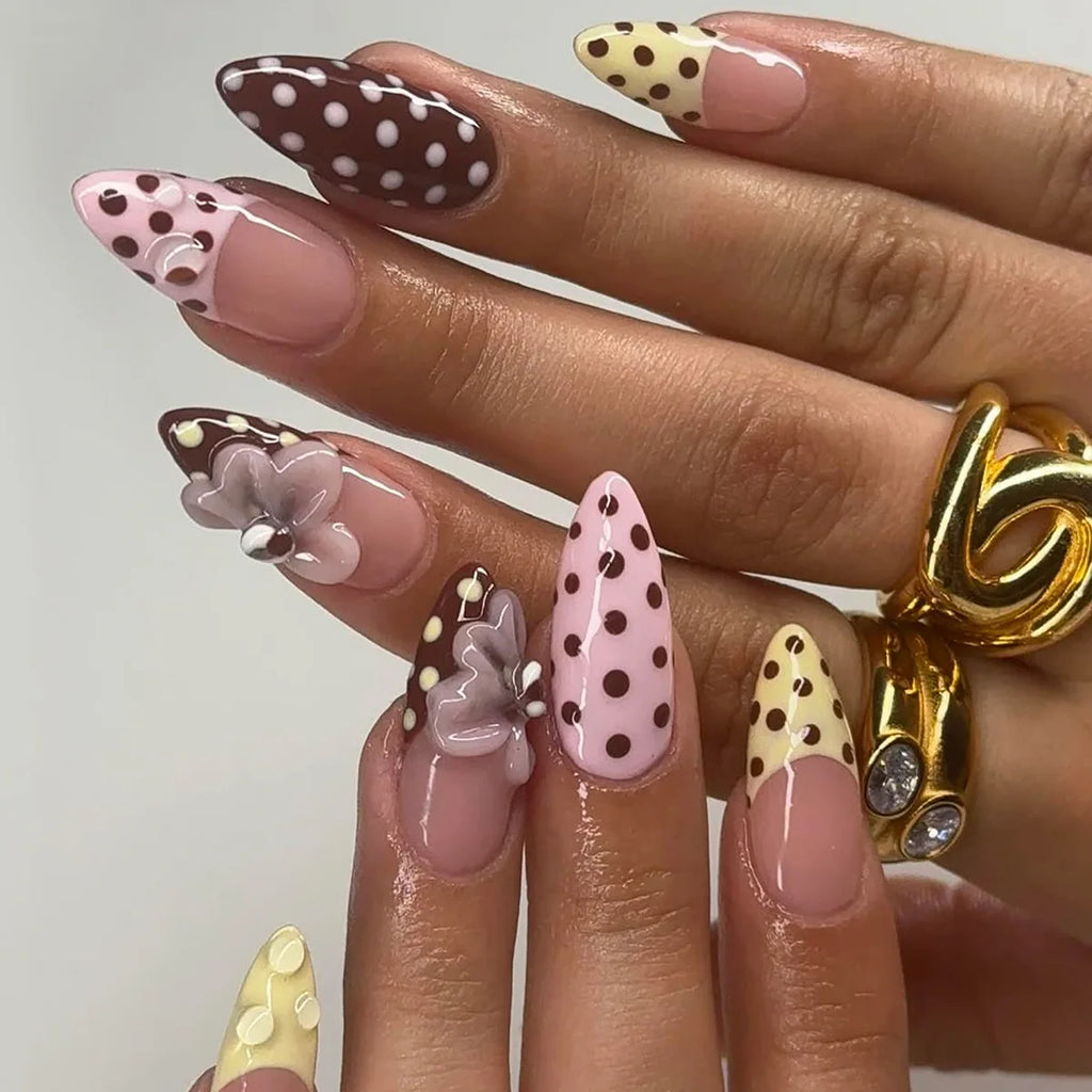 24PCS Pink Almond Press on Nails Full Cover Carved Flower 3D Ripples French Fake Nails for Women with Golden Pearl Wearable Nail