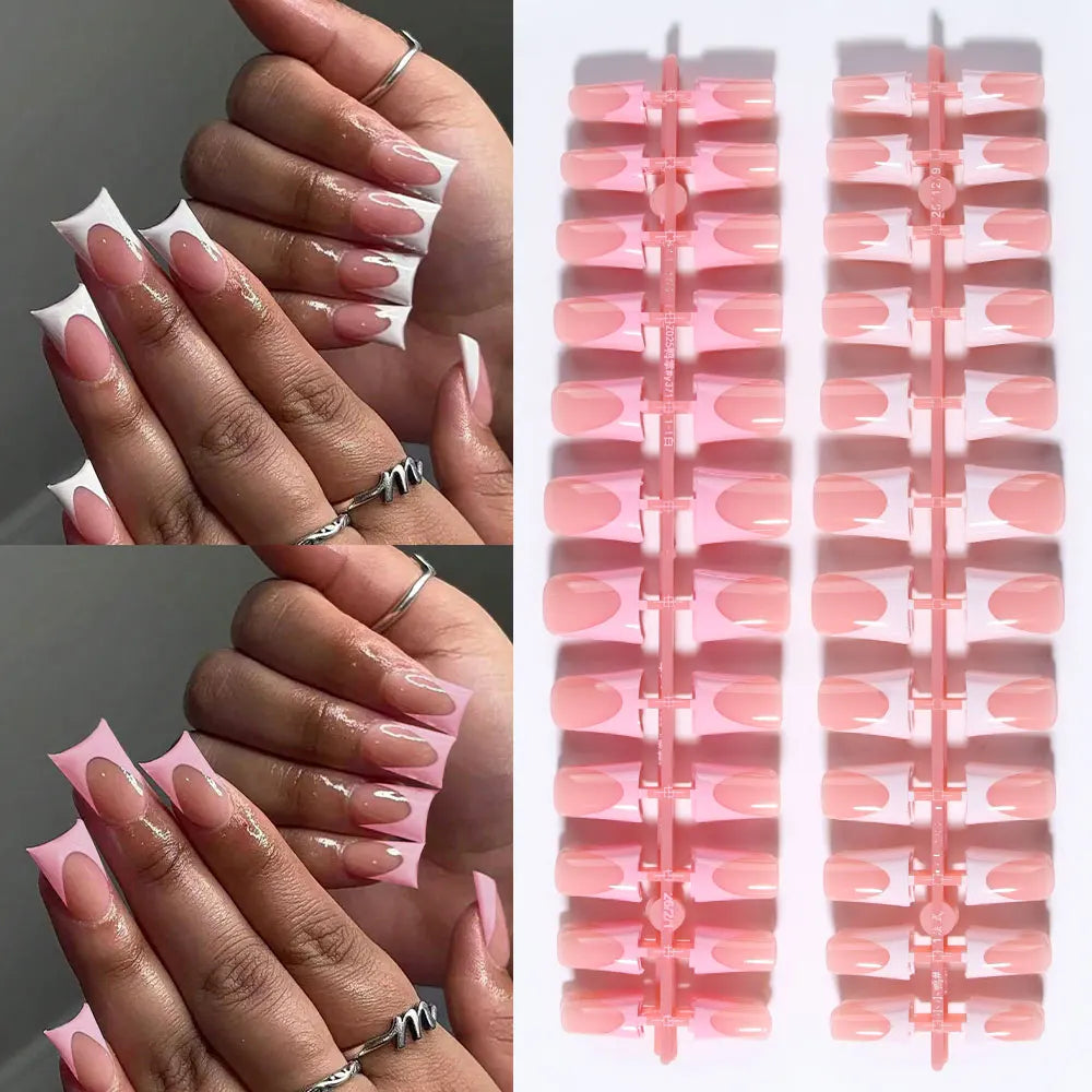 144pcs Duck Nails Simple and classic Elegance White French,Detachable reusable press on acrylic nails including 1 nail file and