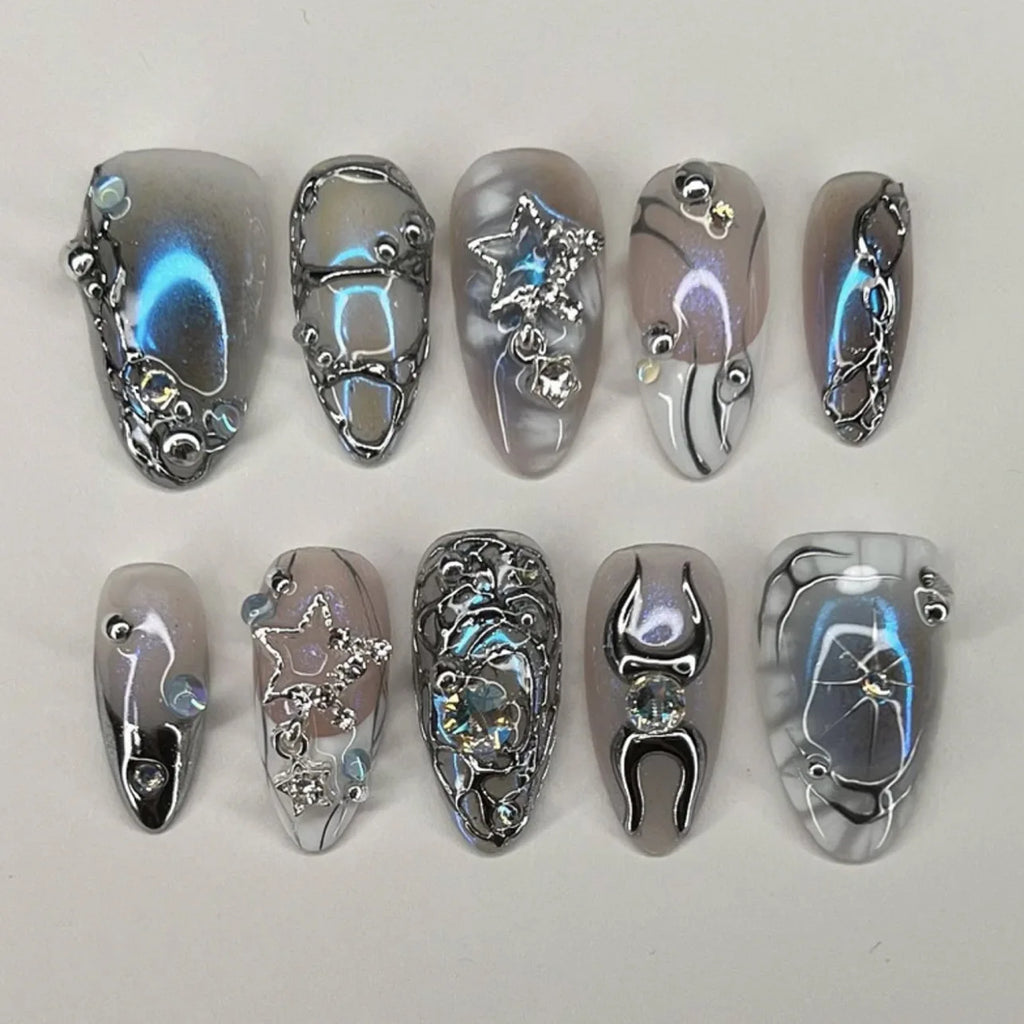24Pcs False Nails Spicy Girl Silver Bow with Diamond Fake Nails with Glue Almond Press on Nails Black Cool Y2k Almond Nail Set